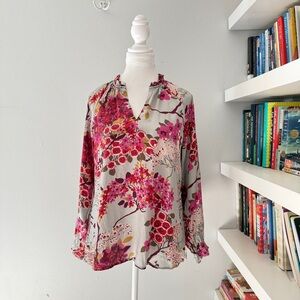 Spartina 449 Silk Vibrant Pink and Gray Floral Blouse Medium